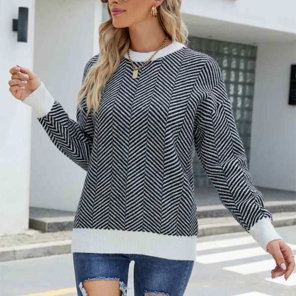 Hot selling pullover stripe jacquard knitwear round neck women casual slim fit fashion color blocking sweaters - Image 5