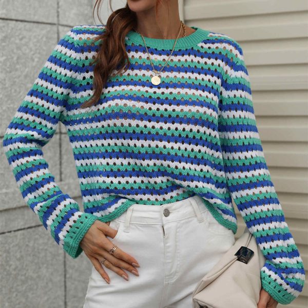 hot sales striped long sleeve tops round neck jumpers knitted casual pullover sweaters for women - Image 3