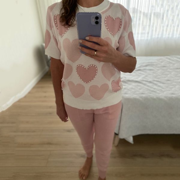 new arrival spring summer round neck knitwear loving heart pearl Beaded knitting women causal two piece set - Image 5