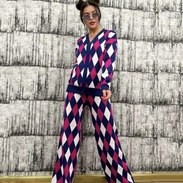 Trendy v neck single-breasted sweaters coats diamond pattern women casual streetwear wide leg pants set - Image 5