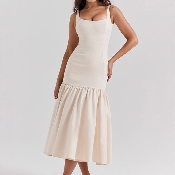 Women's Sexy Slim Fit Bodycon Midi Dress Spring Spaghetti Strap Ruffles Decoration Breathable Chiffon Fabric Patchwork - Image 2