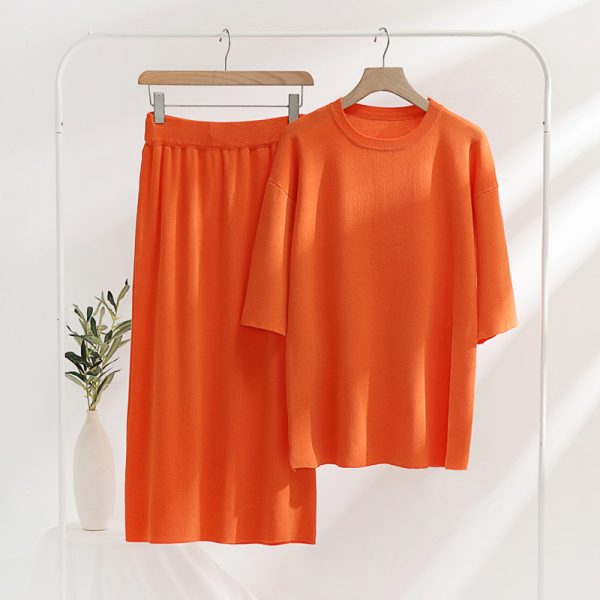 oversize split sweater top high waist skirts pure color knitted 2 piece dress set women - Image 3