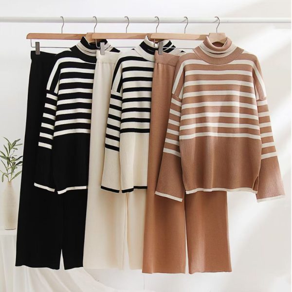 Women's Cashmere Suit Plain Knitted Turtleneck striped Female Wool Sweater Pant Knit Two Piece set - Image 4