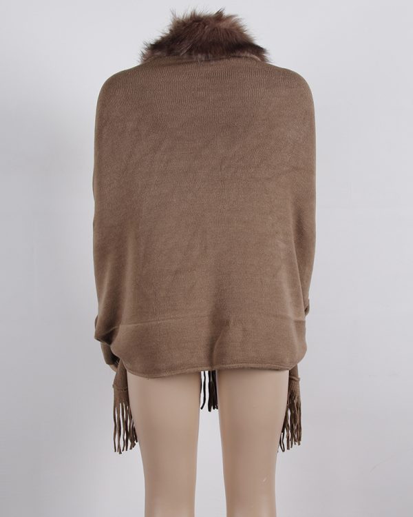 women plush tassel sweater ponchos cardigan winter warm Fringed shawl fur collar luxury coat pure color cloak - Image 5