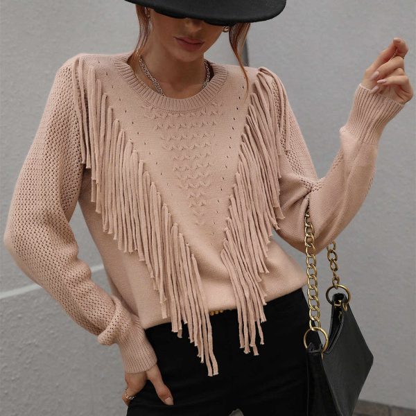 Trending fashion women casual knitwear o neck solid color elegant knitted elegant sweaters with tassel - Image 3