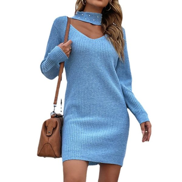 Fall winter 2024 Solid color v neck bead knitted slim fit long sleeve sweater elegant mini dress for women - Image 2