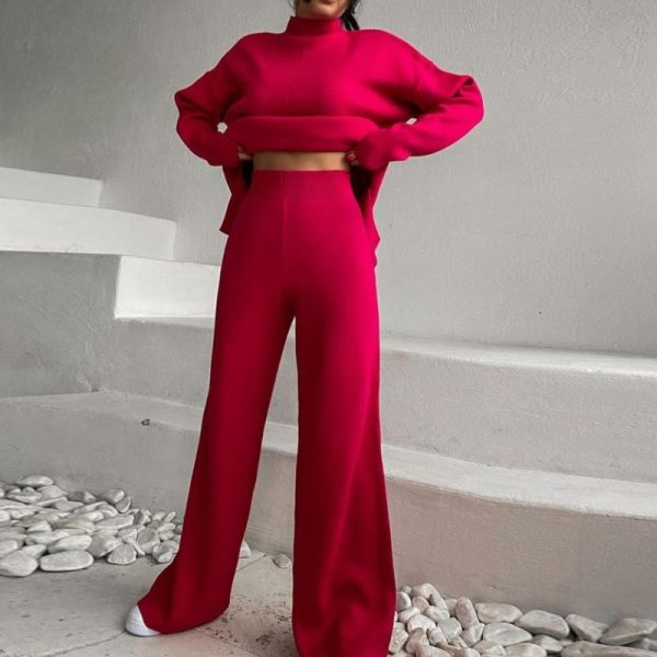 Latest design turtleneck oversize sweaters wide leg pants elegant knitted women 2 piece outfits - Image 3