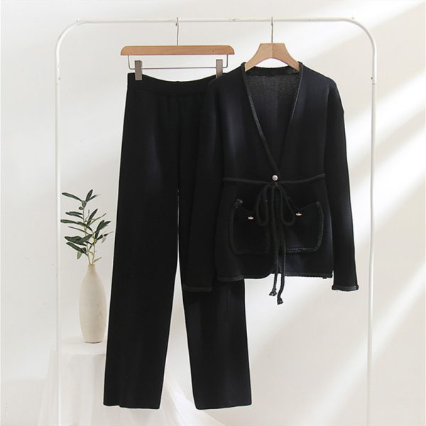 High Quality Winter Autumn Knitted Solid color Long Sleeve V Neck H type 2 Piece Set Women Sweater Suit - Image 5