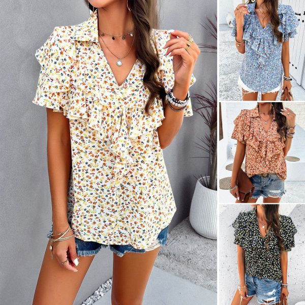 Summer Fashion Women's Elegant Floral Print Ruffle Trim V-Neck Short Sleeve Top - Image 2