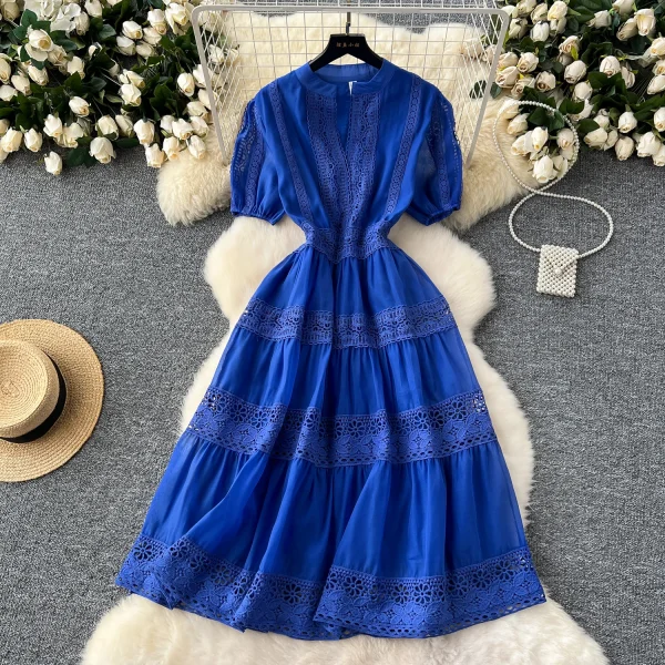 ZT1467 French Sweet Gentle V-neck Lantern Sleeve Lace Patchwork Mesh Dress Women's High Waist Elegant Midi Dresses Women