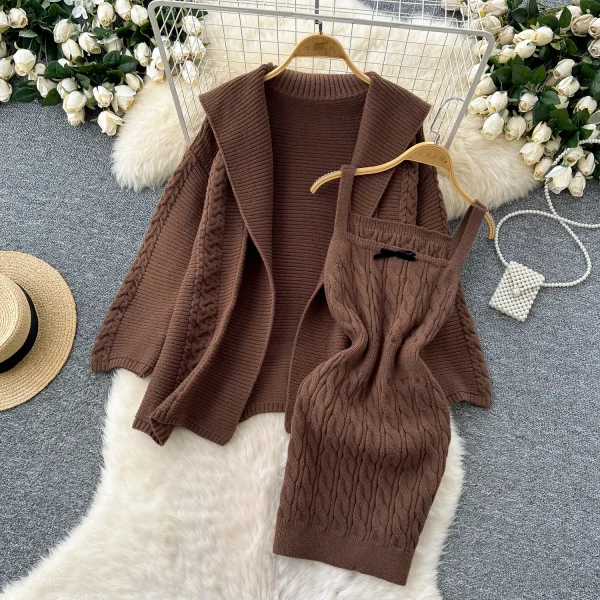 LW0610 Gentle Wind Sweet Halter Twist Knitted Dress Female Long-Sleeved Sweater Coat Female Skirt Two Piece Set for Ladies