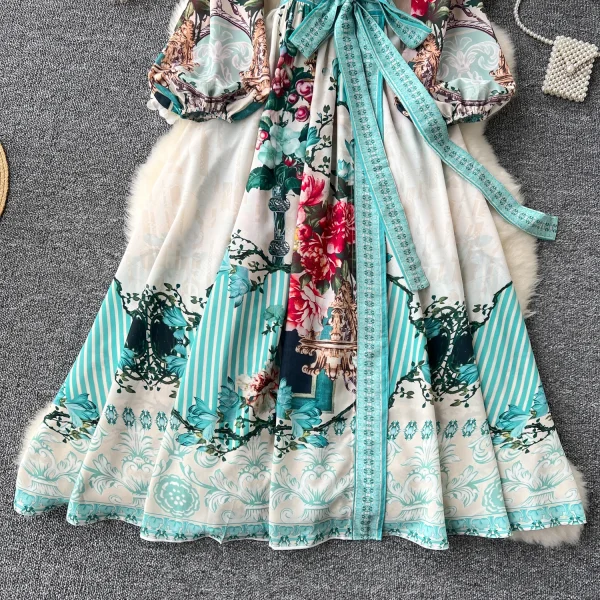 ZT1509 European Senior Sense Dress Women Design Sense V-neck Lantern Sleeve Printed Temperament  Chiffon Maxi Dress - Image 3