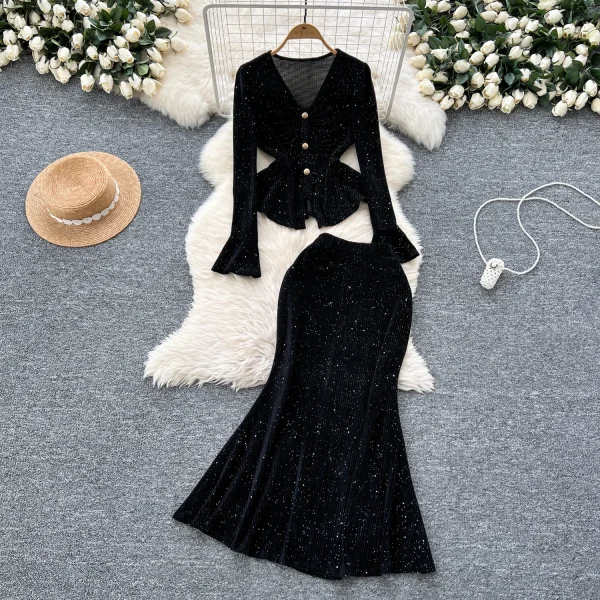 LW0108 High-Grade V-Neck Metal Buckle Flared Sleeve Top High Fanny Pack Bottom Fishtail Skirt Ladies Cheap 2 Pcs Set