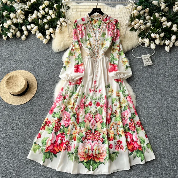 ZT1489 European High-grade Printed Dress Female Summer Lantern Sleeve Slimming Design Luxury Temperament Long Dress