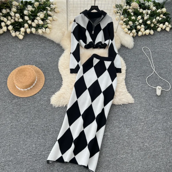 LW0152 Stylish Diamond Check Print Waist Waist Short Lapel Sweater Women'S Sweater Wrap Hip Skirt Two-Piece Set - Image 3