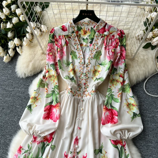 ZT1489 European High-grade Printed Dress Female Summer Lantern Sleeve Slimming Design Luxury Temperament Long Dress - Image 2