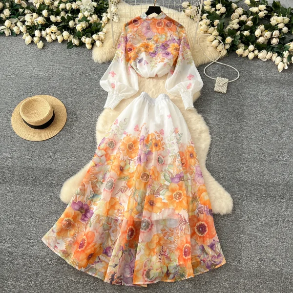 LW0575 2025 Spring Ladies' Holiday Style Stand Collar Lantern Sleeve Slim Shirt High Waist Long Skirt - Image 3