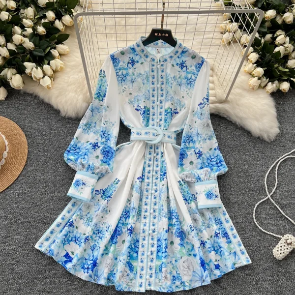 ZT1491 European Retro Vintage Stand Collar Single Breasted Long Sleeve Woman Clothes High-end Printed Elegant Dress