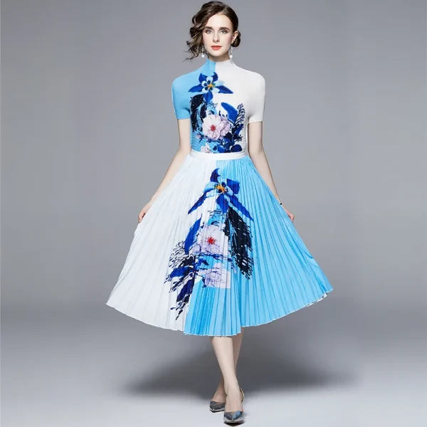 LE1282 Women'S Pleated Skirt Suit Loose Miyake Pleated Printed Top Printed Pleated Long Skirt Plus Size Two Piece Casual Suit - Image 2