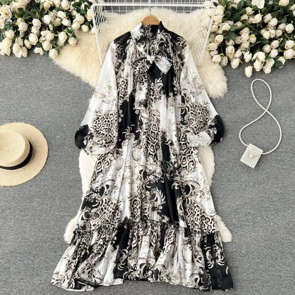 ZT1460 Design Sense Niche Lantern Sleeve High Collar Printed Dress  Woman Clothes Elegant Dresses  Loose Midi Dress - Image 3
