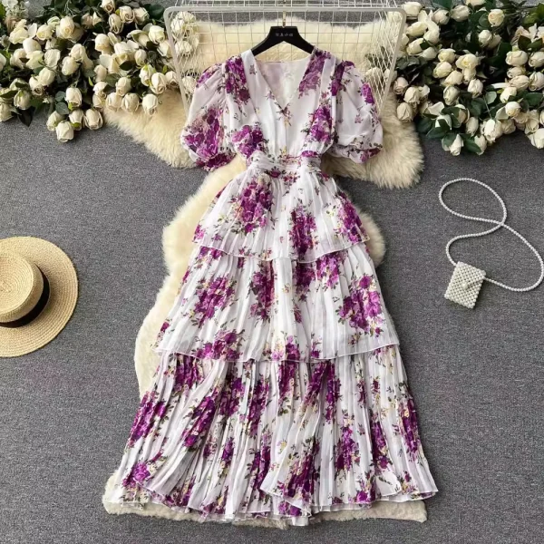 ZT1481 French Temperament V-neck Bubble Sleeve2025 Summer New Pleated Cake Elegant Dress Woman Clothes Sweet Printed Dress - Image 6