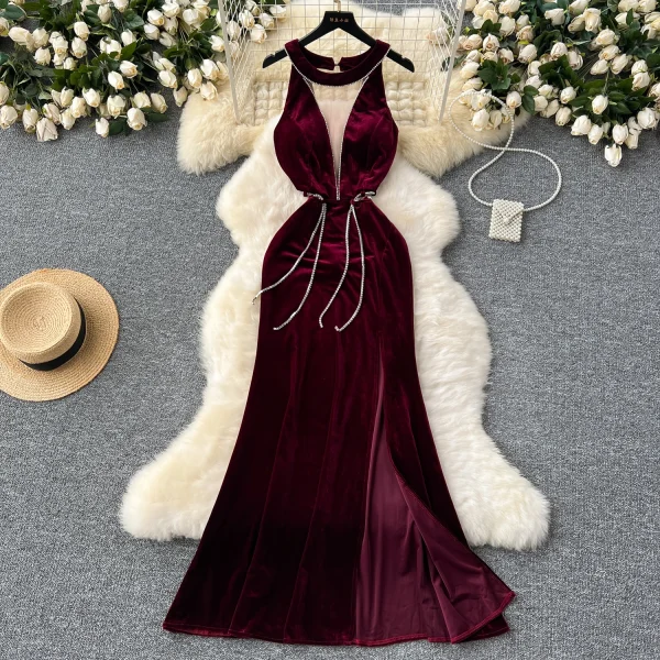 ZT1537 Evening Gown  Deep V-neck Halter Elegant Mesh Stitching Neck Diamond Split Velvet Fishtail Sexy High Level Maxi Dress