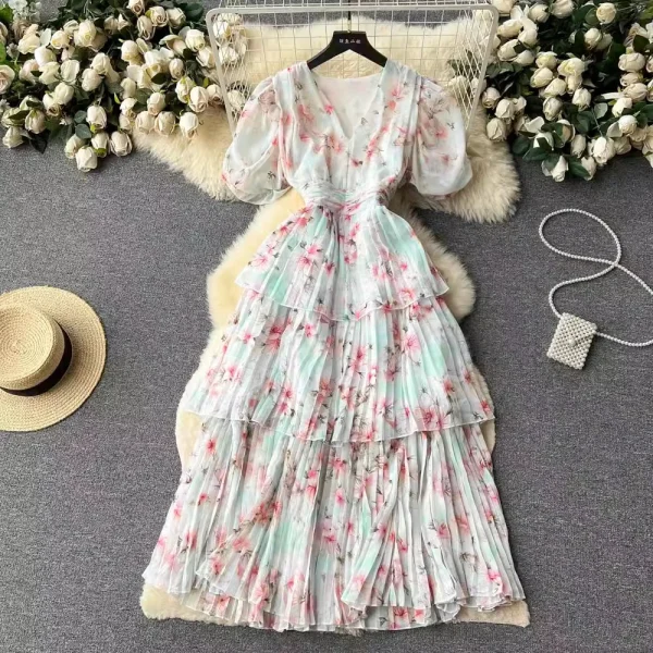 ZT1481 French Temperament V-neck Bubble Sleeve2025 Summer New Pleated Cake Elegant Dress Woman Clothes Sweet Printed Dress - Image 5