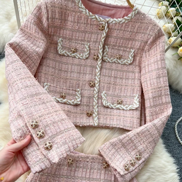 LW0144 Vintage Small Fragrance Metal Buckle Short Long Sleeve Coat Women'S High Waist Skirt Tweed Two-Piece Set - Image 5