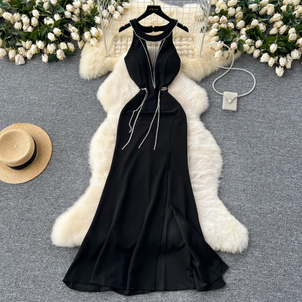 ZT1537 Evening Gown  Deep V-neck Halter Elegant Mesh Stitching Neck Diamond Split Velvet Fishtail Sexy High Level Maxi Dress - Image 2