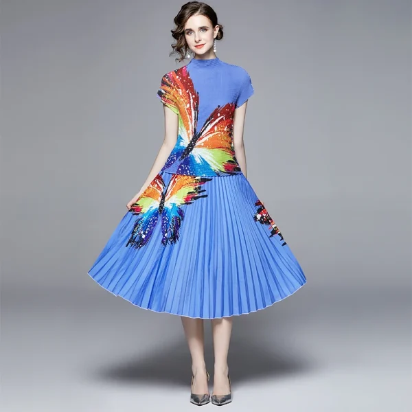 LE1291 Fast Delivery Outlet High Quality Sets Pleat Short Sleeve Top and Printed Long Pleated Skirt Two Piece Sets - Image 2