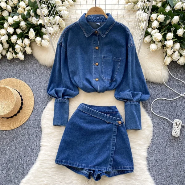 LW0111 Retro Pure Sexy Spice Suit Women'S Fall Lantern Sleeve Denim Shirt High-Waisted Wide-Leg Shorts 2pcs Ladies Dress