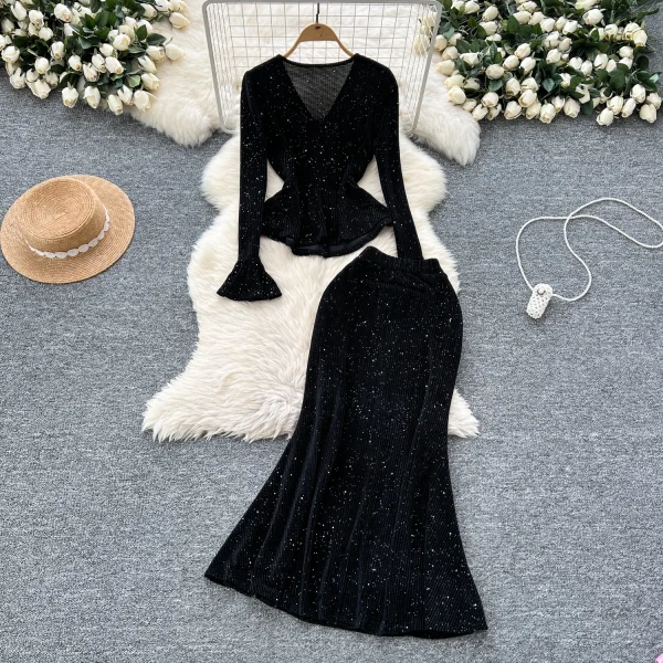 LW0108 High-Grade V-Neck Metal Buckle Flared Sleeve Top High Fanny Pack Bottom Fishtail Skirt Ladies Cheap 2 Pcs Set - Image 2