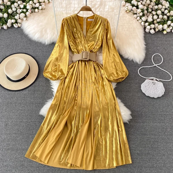 ZT1560  Sexy Long Sleeve High Waist Binding Metal Color Pleated Dress V-neck Elegant Temperament MIDI Dress Woman - Image 4