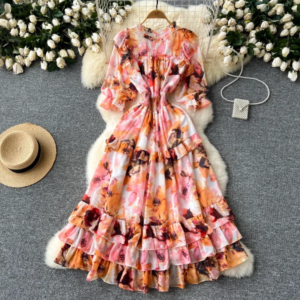 ZT1482 French Waist Slimming High Quality Ruffled  Woman Clothes High-end  Printed Dress Sweet Elegant Dress