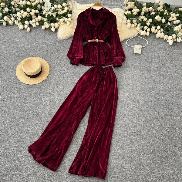 LW0136 Soft Velvet Long-Sleeved Shirt Two-Piece Set of Women'S Autumn High-Waisted Wide-Leg Pants 2 Piece Pant Sets for Ladies - Image 2