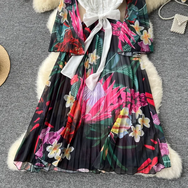 ZT1488 European Women's Dress Senior Sense Round Neck Flared Long Sleeve Waist Print Pleated Chiffon Elegant Midi Dress - Image 6