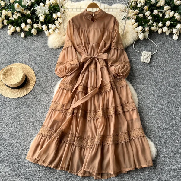ZT1462 Luxury French Lantern Sleeve  Woman Clothes Summer Lace Patchwork Lace-strap Design Temperament Elegant Maxi Dresses - Image 4