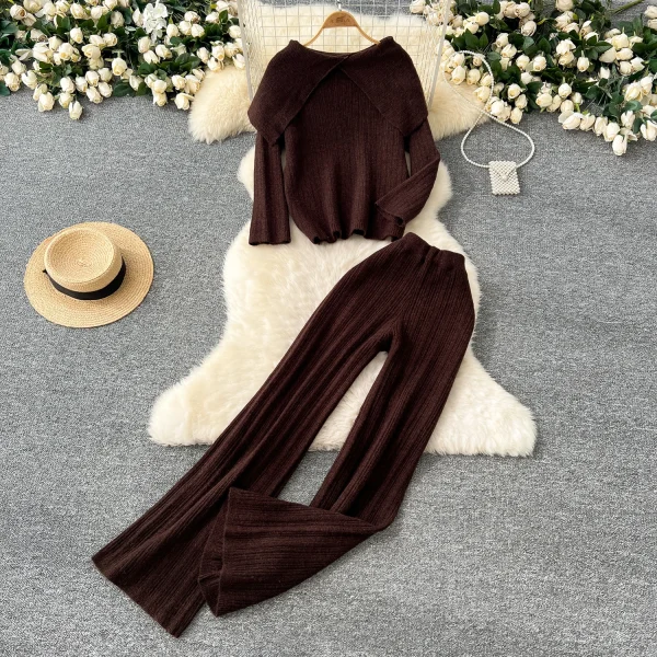 LW0107 Big Lapel Two-Piece Suit Women'S Sweater Slimming Base Top High Waist Vertical Pattern Sweater Pants Set - Image 2