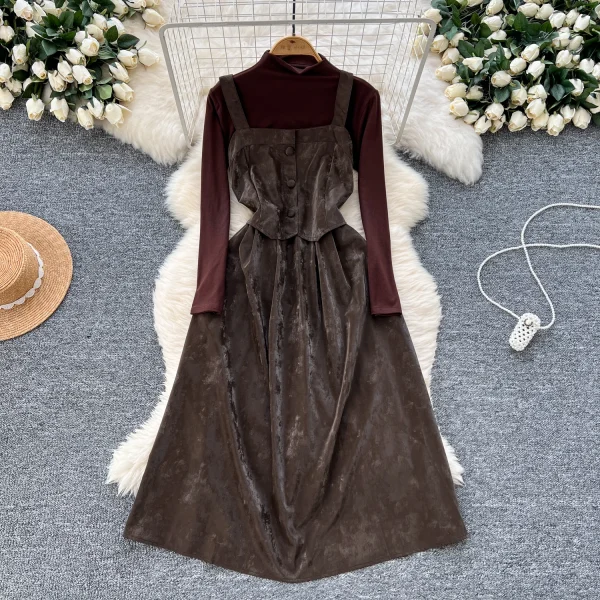LW0114 French Vintage Square Collar Button-Down Waist Dress for Women With Turtleneck Bottoms for Women Two-Piece Set
