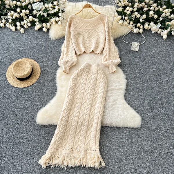 LW0151 Gentle Wind Wear Two-Piece Women'S Fall/Winter Jumper Long-Sleeved Short Twist Sweater Knitted Fringe Skirt - Image 3