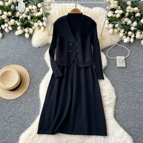 LW0133 Gentle Wind Two Sets of Women'S Advanced Sense Sweater Vest Waist Slimming Long Sleeve Sweater Dress - Image 4