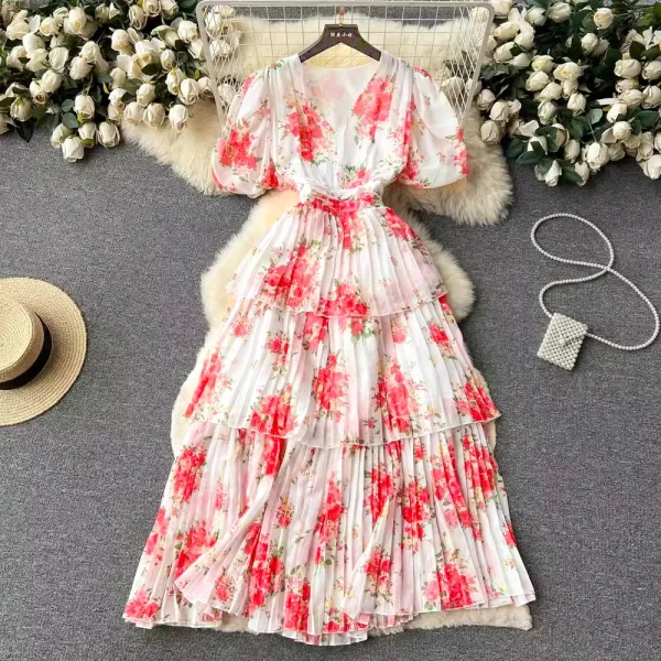 ZT1481 French Temperament V-neck Bubble Sleeve2025 Summer New Pleated Cake Elegant Dress Woman Clothes Sweet Printed Dress
