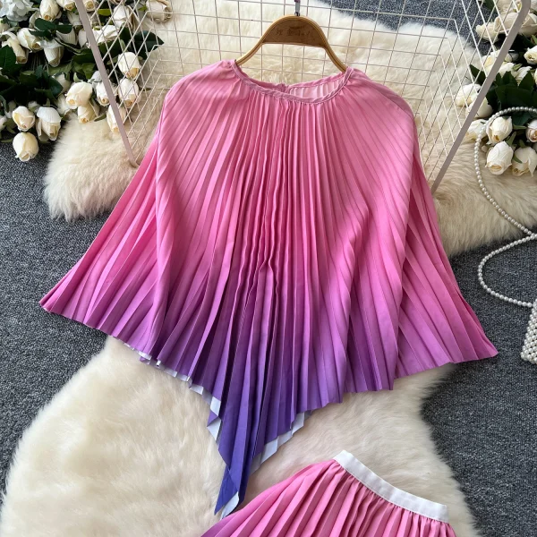 LE4761 Fashion Girl Gradient Color Pleated Suit Skirt Women Design Sense Irregular Cape Top High Waist Skirt - Image 2