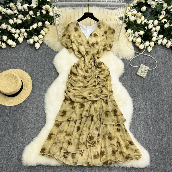 ZT1523 French Vintage Platycodon  Design Sense Floral Print  Ruffled Chiffon Elegant Fashional Fresh Sweet Midi Dresses Women - Image 3