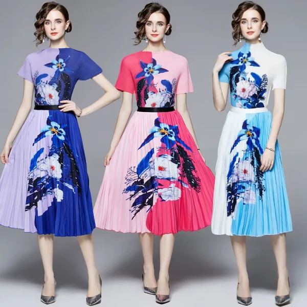 LE1282 Women'S Pleated Skirt Suit Loose Miyake Pleated Printed Top Printed Pleated Long Skirt Plus Size Two Piece Casual Suit