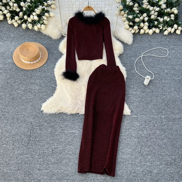 LW0119 Sexy Metal Buckle Long Sleeve Top Women'S High Waist Slim Skirt Advanced Sense of Bright Silk Women Two-Piece Set - Image 4