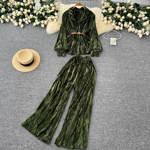 LW0136 Soft Velvet Long-Sleeved Shirt Two-Piece Set of Women'S Autumn High-Waisted Wide-Leg Pants 2 Piece Pant Sets for Ladies