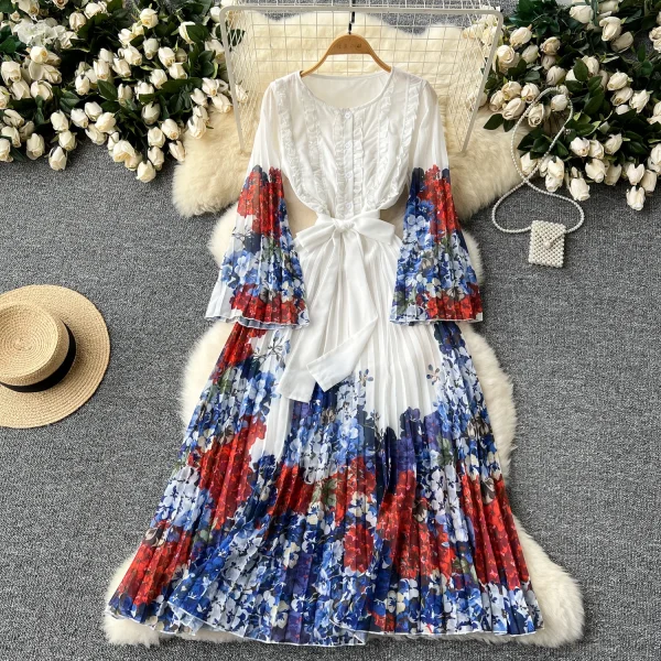 ZT1488 European Women's Dress Senior Sense Round Neck Flared Long Sleeve Waist Print Pleated Chiffon Elegant Midi Dress - Image 2