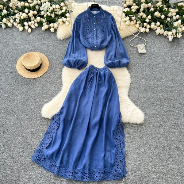 LW0140 Vintage Ladies 2 Piece Set Elegant Hollow Lace Patchwork Lantern Sleeve Shirt Women'S High Waist Slit Skirt Set