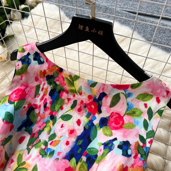 ZT1502 High-end Elegant Sleeveless  Women Retro Elegant Waist Fold Big Swing Floral Printed Dress Midi Dresses - Image 6